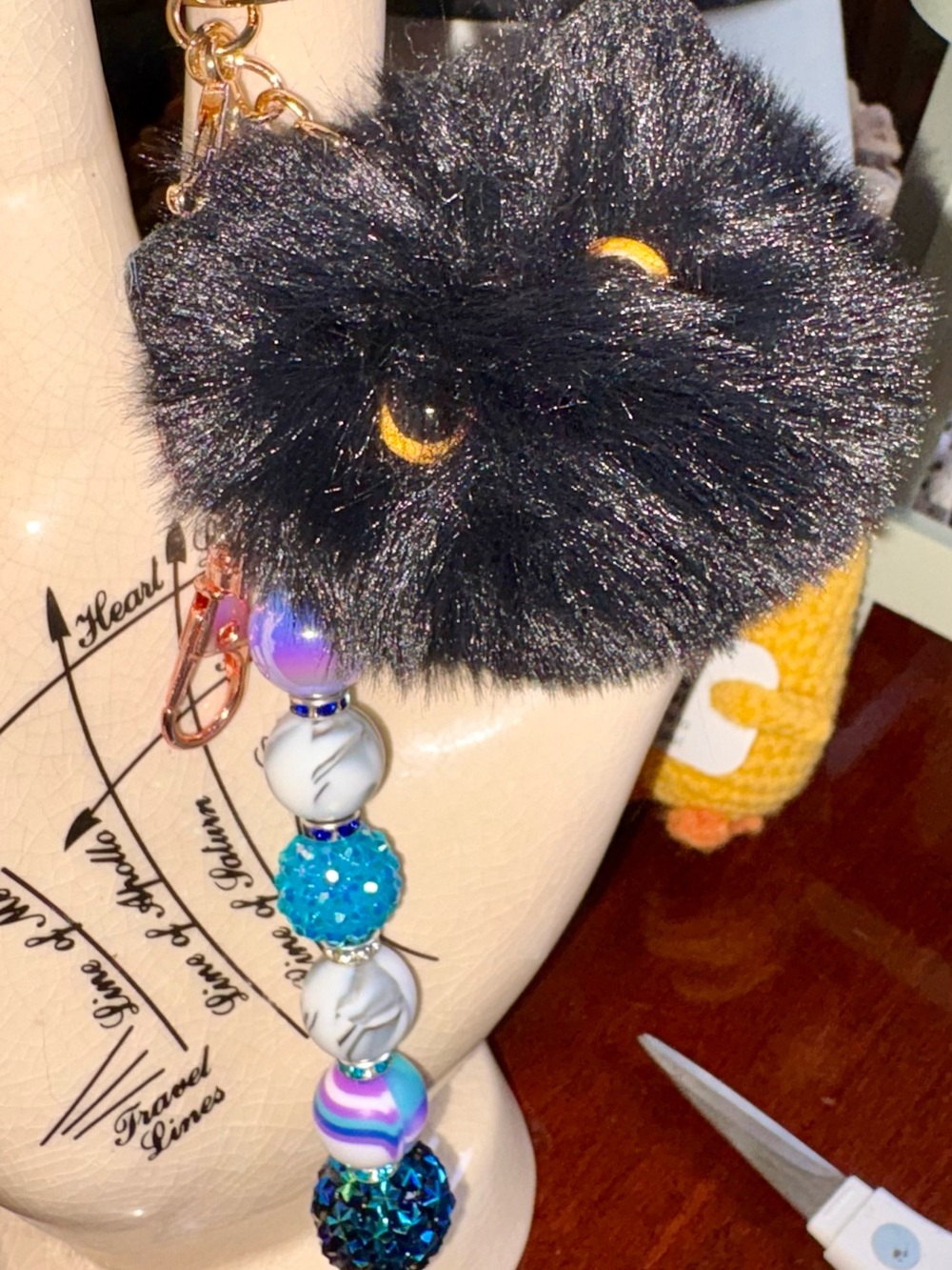 Black Faux Fur black cat Pom with Beaded bag charm keychain